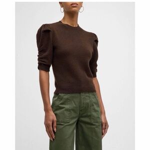 NEW FRAME Frankie crew ruched sleeve sweater in brown XS